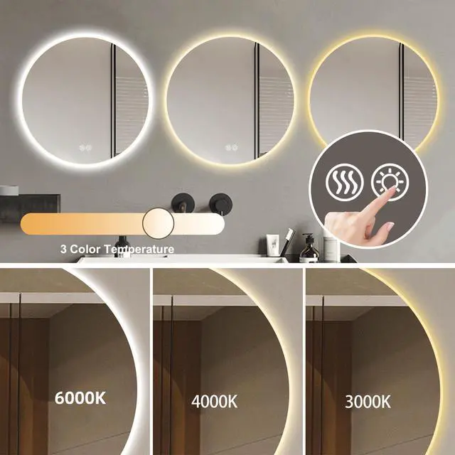 Alt view image 6 of 7 - Round LED bathroom mirror with light, wall-mounted vanity mirror, anti-fog, adjustable color temperature and dimming function, suitable for makeup mirrors in bedrooms and bathrooms