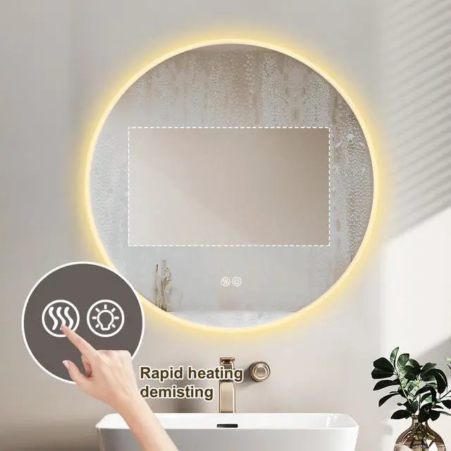 Alt view image 5 of 7 - Round LED bathroom mirror with light, wall-mounted vanity mirror, anti-fog, adjustable color temperature and dimming function, suitable for makeup mirrors in bedrooms and bathrooms