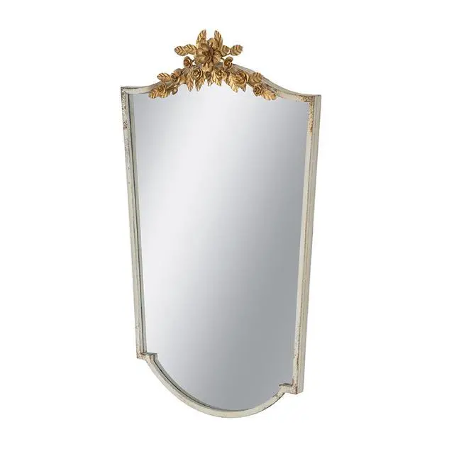 Alt view image 3 of 7 - 24x1.6x37.4" Decorative Arched Wall Mirror with Distressed Ivory Frame and Gold Floral Crown