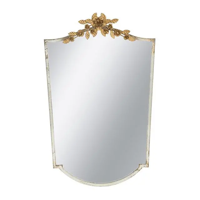 Alt view image 2 of 7 - 24x1.6x37.4" Decorative Arched Wall Mirror with Distressed Ivory Frame and Gold Floral Crown