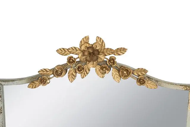 Alt view image 4 of 7 - 24x1.6x37.4" Decorative Arched Wall Mirror with Distressed Ivory Frame and Gold Floral Crown