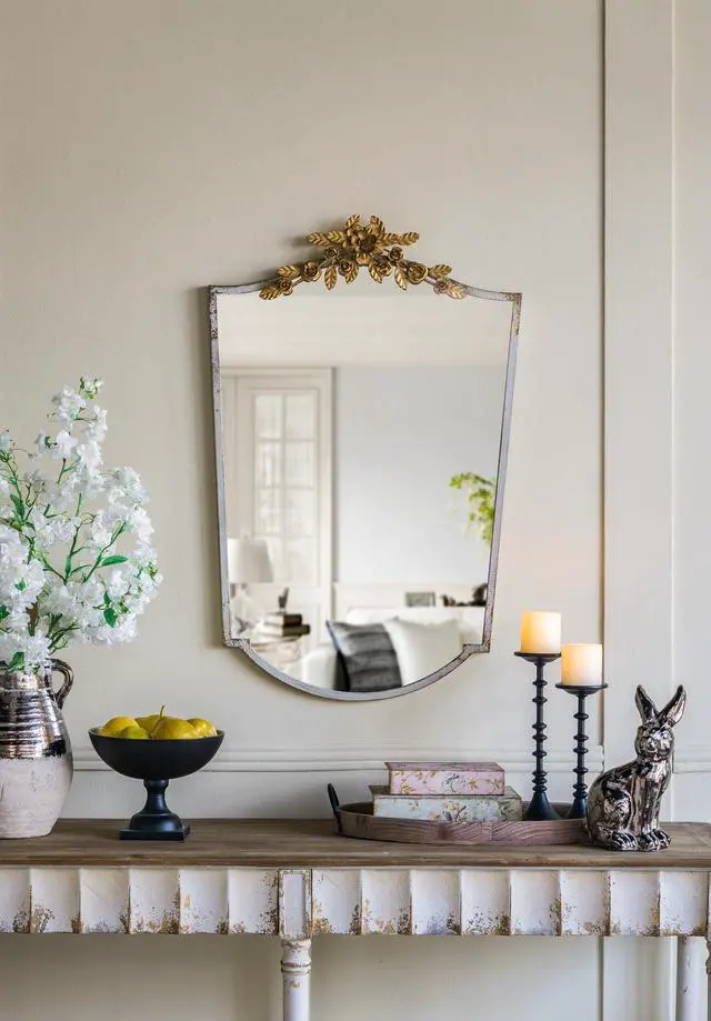 Main image of 24x1.6x37.4" Decorative Arched Wall Mirror with Distressed Ivory Frame and Gold Floral Crown