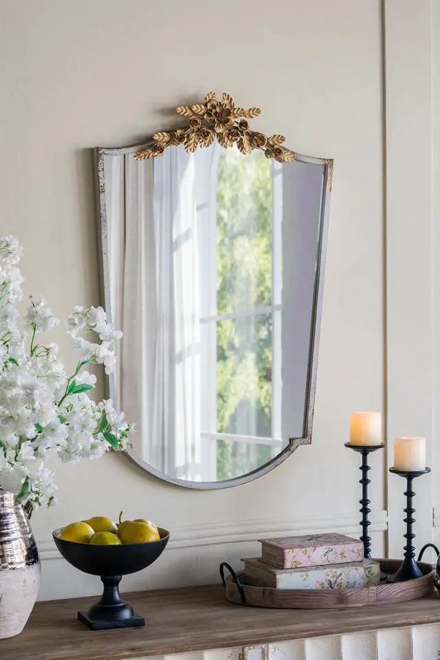 Alt view image 5 of 7 - 24x1.6x37.4" Decorative Arched Wall Mirror with Distressed Ivory Frame and Gold Floral Crown