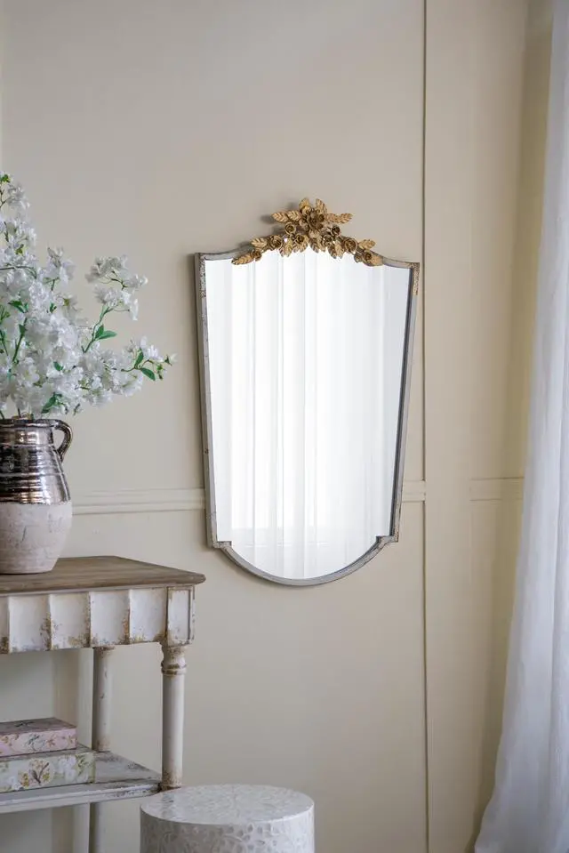 Alt view image 6 of 7 - 24x1.6x37.4" Decorative Arched Wall Mirror with Distressed Ivory Frame and Gold Floral Crown