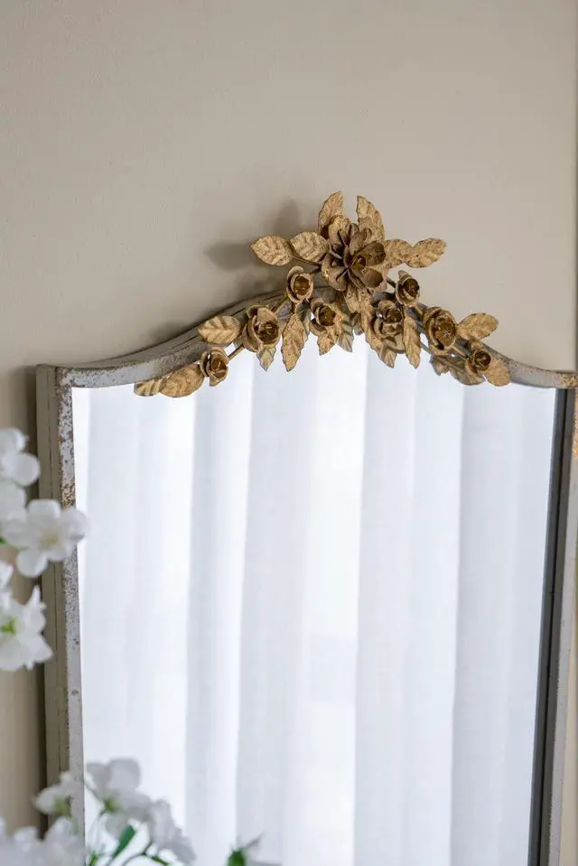 Alt view image 7 of 7 - 24x1.6x37.4" Decorative Arched Wall Mirror with Distressed Ivory Frame and Gold Floral Crown