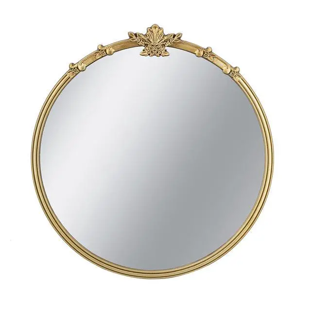 Alt view image 2 of 7 - 30x31" Round Wall Mirror With Gold Finish And Decorative Leaf Crest