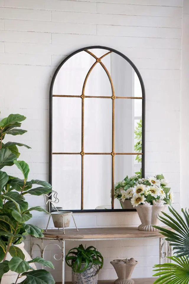 Alt view image 4 of 7 - 28.3x47" Arched Wall Mirror with Black and Gold Windowpane Design