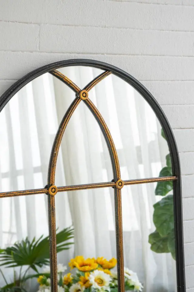 Alt view image 6 of 7 - 28.3x47" Arched Wall Mirror with Black and Gold Windowpane Design