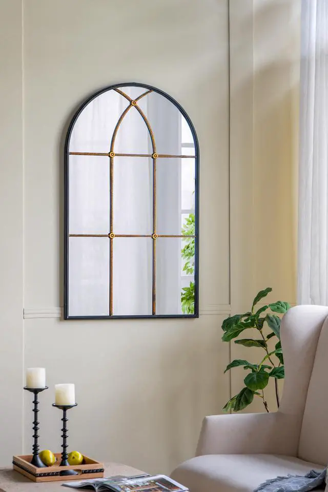 Alt view image 5 of 7 - 28.3x47" Arched Wall Mirror with Black and Gold Windowpane Design