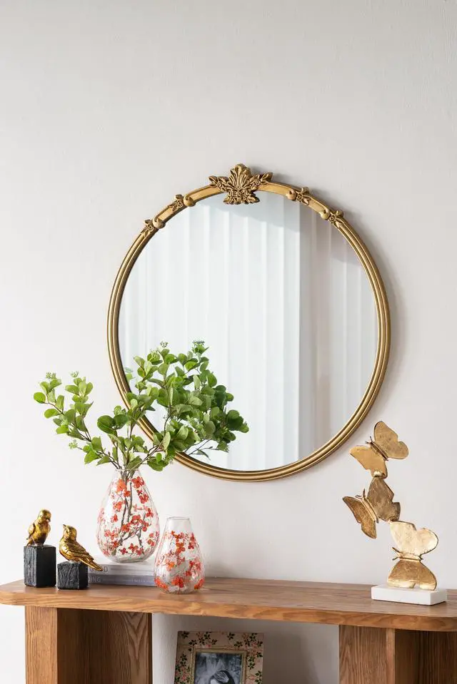 Main image of 30x31" Round Wall Mirror With Gold Finish And Decorative Leaf Crest