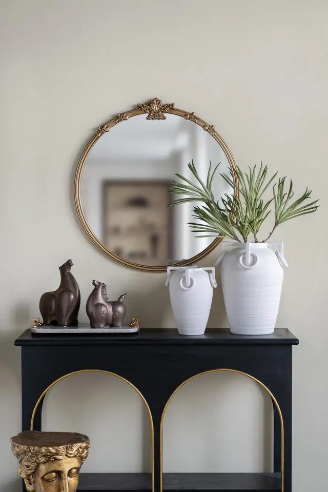 Alt view image 3 of 7 - 30x31" Round Wall Mirror With Gold Finish And Decorative Leaf Crest