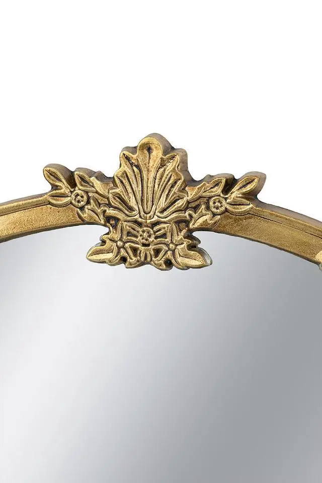 Alt view image 6 of 7 - 30x31" Round Wall Mirror With Gold Finish And Decorative Leaf Crest