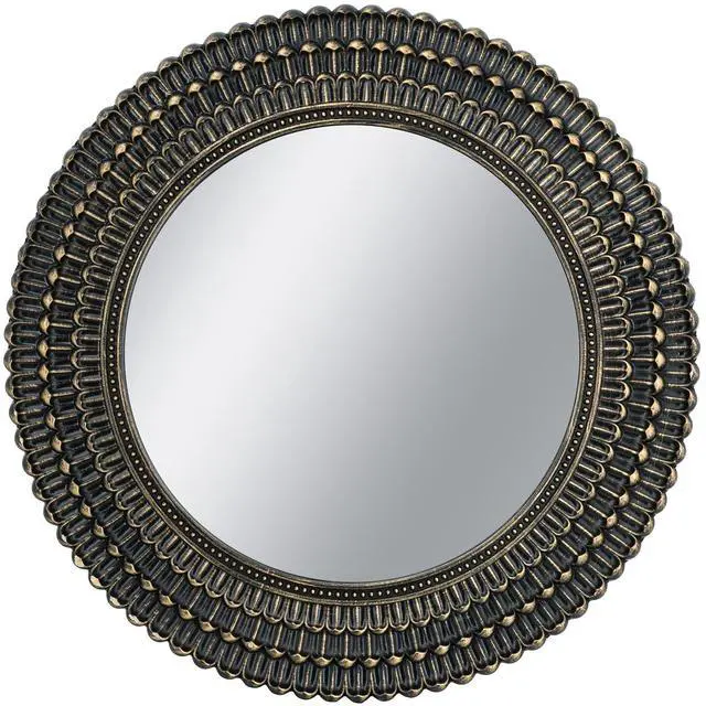 Main image of D26.5" Round Black And Gold Wooden Accent Mirror With Woven Texture