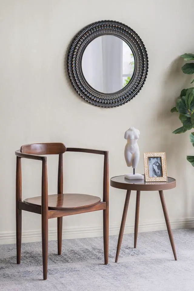 Alt view image 5 of 6 - D26.5" Round Black And Gold Wooden Accent Mirror With Woven Texture