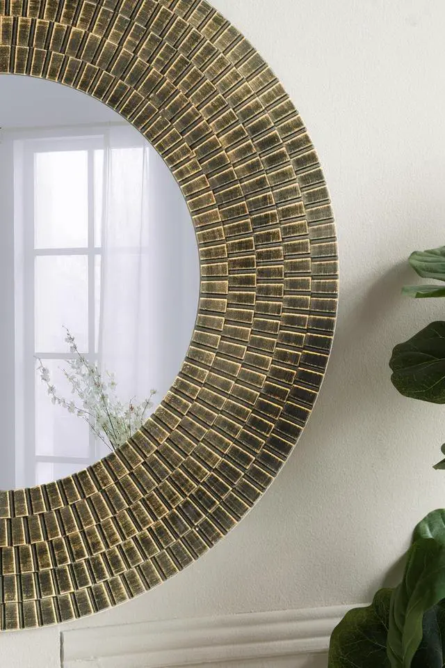 Alt view image 6 of 7 - D29.5" Round Gold And Black Wooden Accent Mirror With Woven Texture