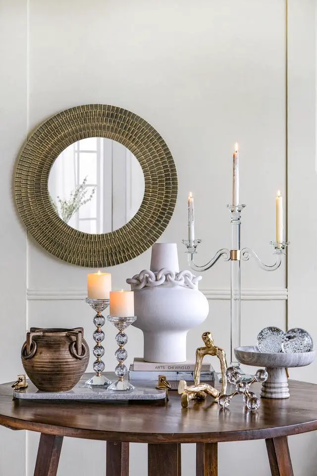 Alt view image 5 of 7 - D29.5" Round Gold And Black Wooden Accent Mirror With Woven Texture
