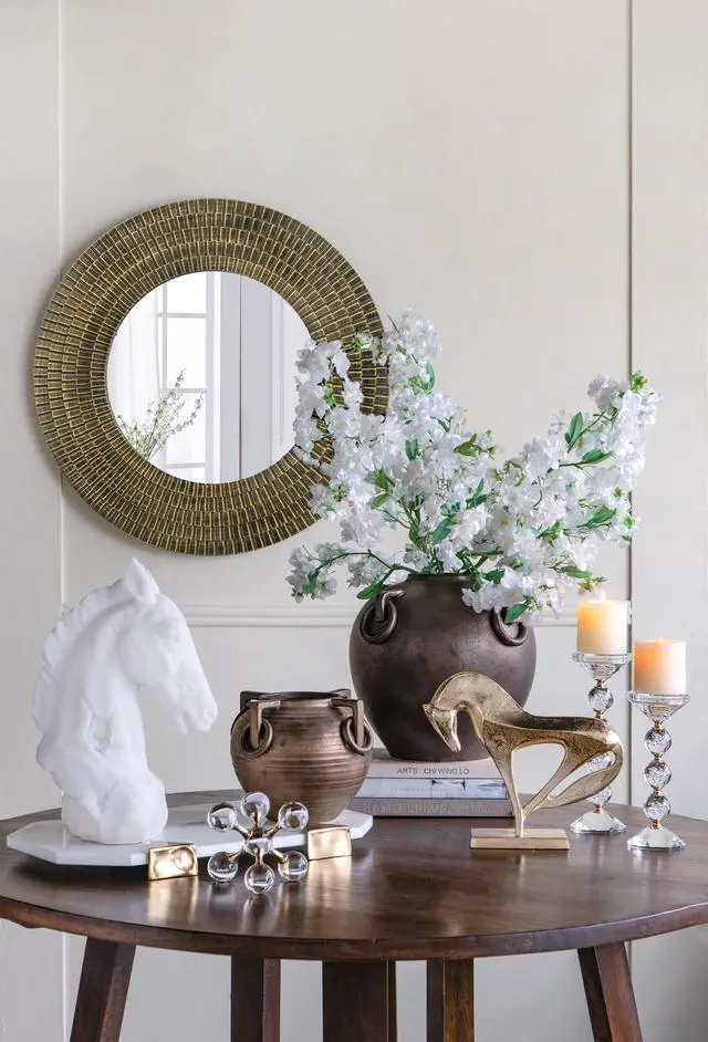 Alt view image 7 of 7 - D29.5" Round Gold And Black Wooden Accent Mirror With Woven Texture