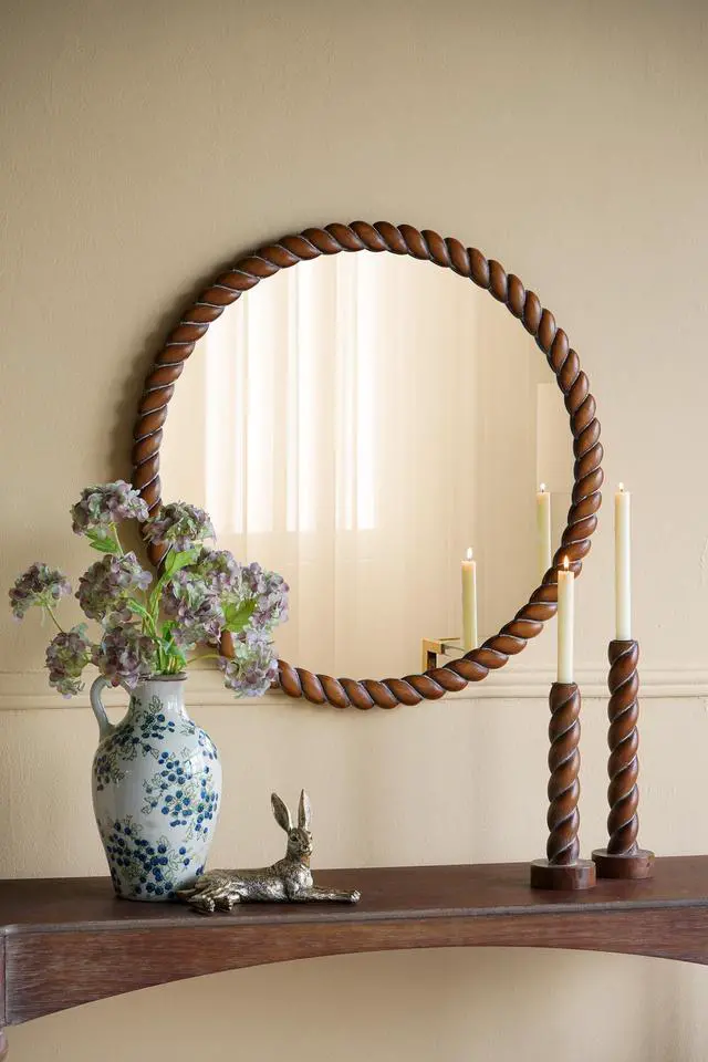 Main image of 28.3X28.3" Round Wall Mirror With Pine Wood Frame, Brown