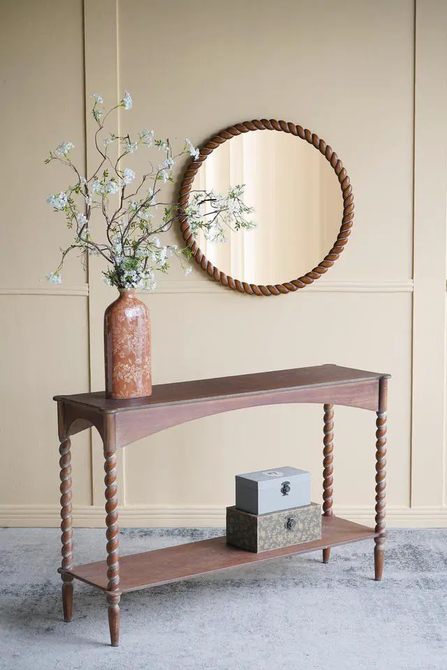 Alt view image 5 of 7 - 28.3X28.3" Round Wall Mirror With Pine Wood Frame, Brown
