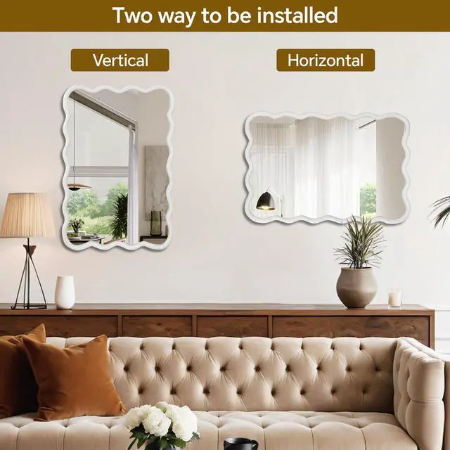 Alt view image 4 of 7 - White Color 24"x36" Wavy Rectangle Solid Wood Frame Decorative Mirror,For Bedroom, Bathroom, Living Room, Entryway