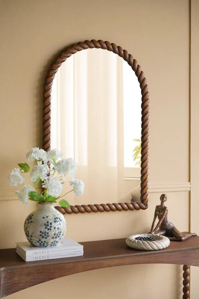 Alt view image 7 of 7 - 24X35.8" Arched Wall Mirror With Pine Wood Frame, Brown