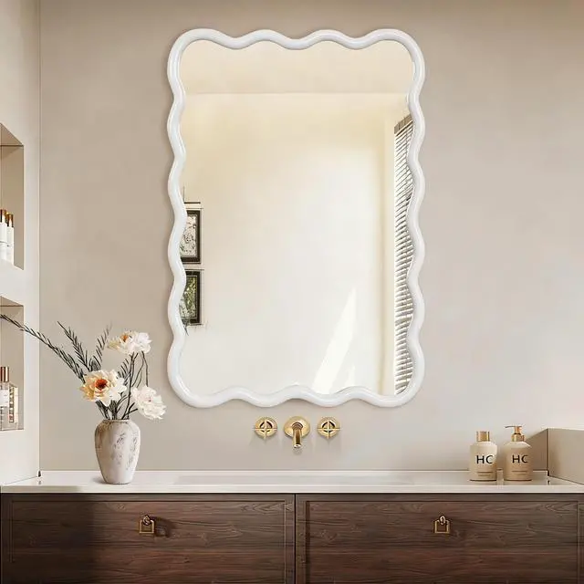 Alt view image 2 of 7 - White Color 24"x36" Wavy Rectangle Solid Wood Frame Decorative Mirror,For Bedroom, Bathroom, Living Room, Entryway