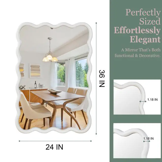 Alt view image 5 of 7 - White Color 24"x36" Wavy Rectangle Solid Wood Frame Decorative Mirror,For Bedroom, Bathroom, Living Room, Entryway