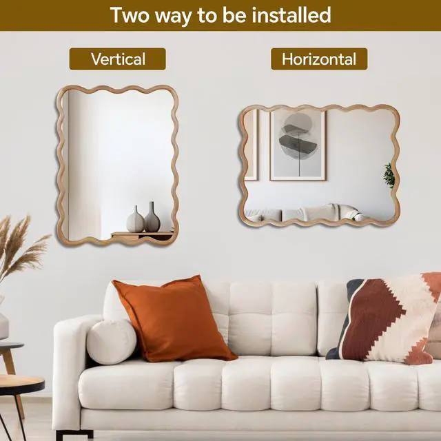 Alt view image 4 of 7 - Natural Wood 30"x40" Wavy Rectangle Solid Wood Frame Decorative Mirror,For Bedroom, Bathroom, Living Room, Entryway