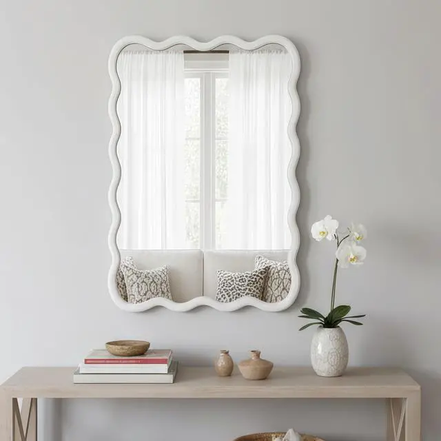 Alt view image 6 of 7 - White Color 24"x36" Wavy Rectangle Solid Wood Frame Decorative Mirror,For Bedroom, Bathroom, Living Room, Entryway