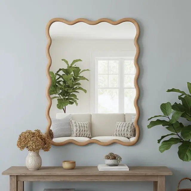 Alt view image 7 of 7 - Natural Wood 30"x40" Wavy Rectangle Solid Wood Frame Decorative Mirror,For Bedroom, Bathroom, Living Room, Entryway