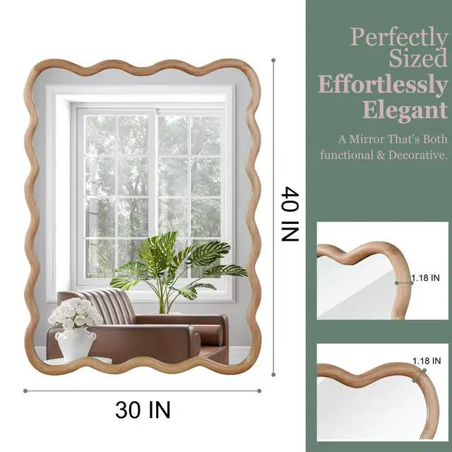 Alt view image 5 of 7 - Natural Wood 30"x40" Wavy Rectangle Solid Wood Frame Decorative Mirror,For Bedroom, Bathroom, Living Room, Entryway