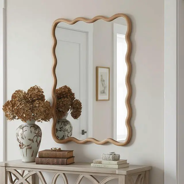 Alt view image 6 of 7 - Natural Wood 30"x40" Wavy Rectangle Solid Wood Frame Decorative Mirror,For Bedroom, Bathroom, Living Room, Entryway