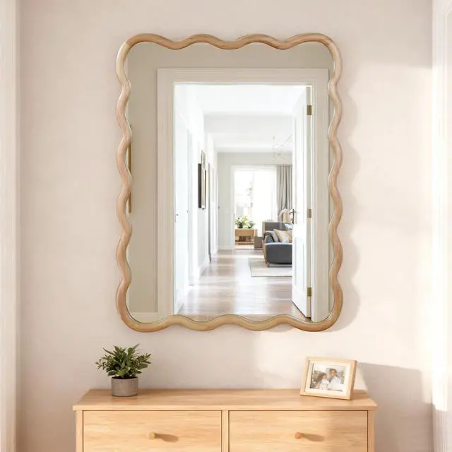 Main image of Natural Wood 30"x40" Wavy Rectangle Solid Wood Frame Decorative Mirror,For Bedroom, Bathroom, Living Room, Entryway