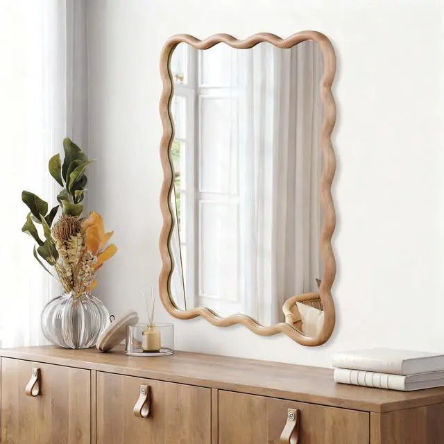 Alt view image 2 of 7 - Natural Wood 30"x40" Wavy Rectangle Solid Wood Frame Decorative Mirror,For Bedroom, Bathroom, Living Room, Entryway