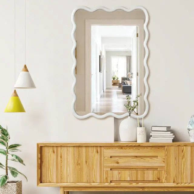 Alt view image 7 of 7 - White Color 24"x36" Wavy Rectangle Solid Wood Frame Decorative Mirror,For Bedroom, Bathroom, Living Room, Entryway