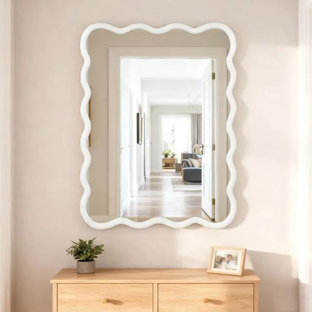 Main image of White 30"x40" Wavy Rectangle Solid Wood Frame Decorative Mirror,For Bedroom, Bathroom, Living Room, Entryway