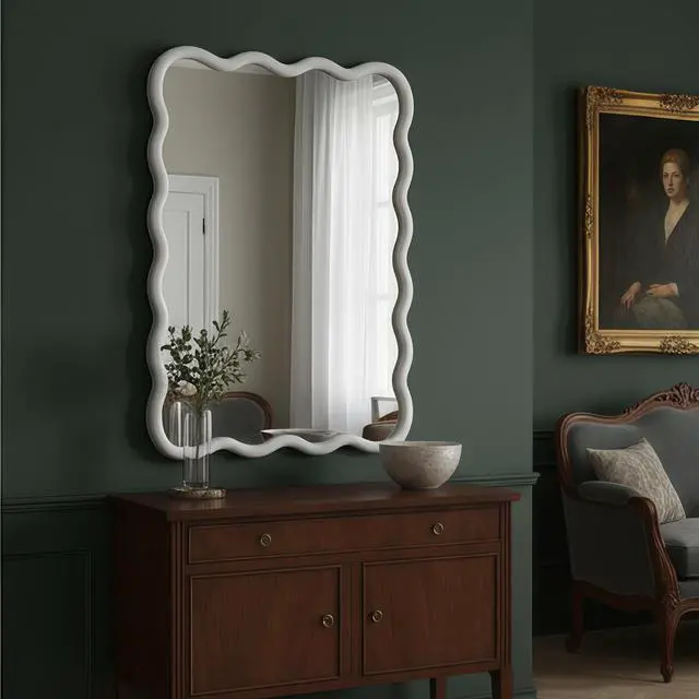 Alt view image 3 of 7 - White 30"x40" Wavy Rectangle Solid Wood Frame Decorative Mirror,For Bedroom, Bathroom, Living Room, Entryway