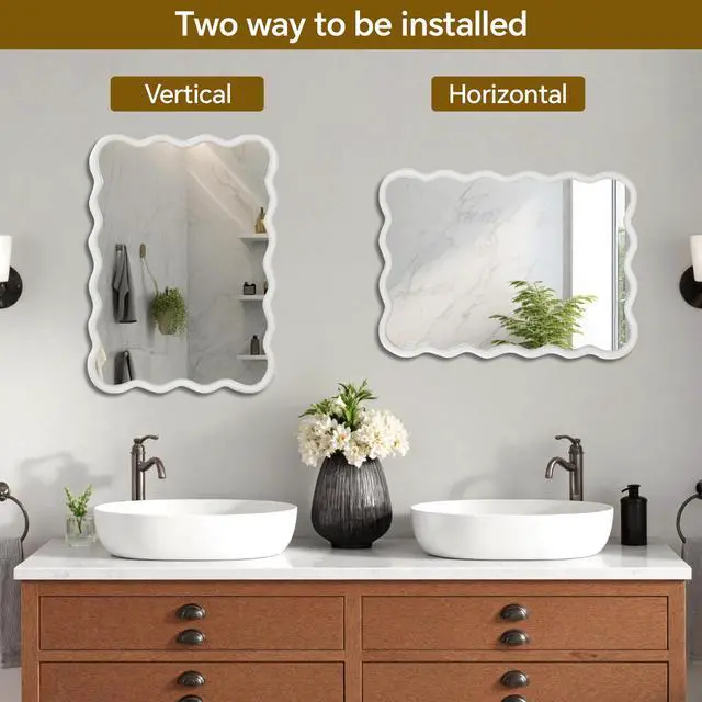 Alt view image 4 of 7 - White 30"x40" Wavy Rectangle Solid Wood Frame Decorative Mirror,For Bedroom, Bathroom, Living Room, Entryway