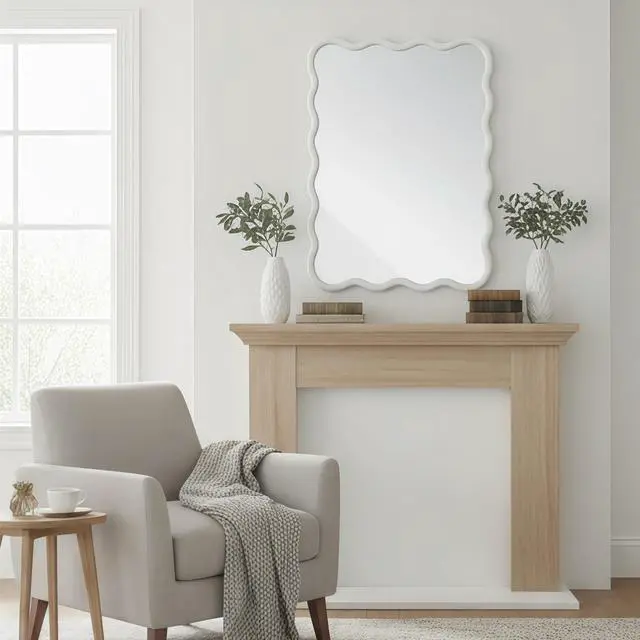 Alt view image 6 of 7 - White 30"x40" Wavy Rectangle Solid Wood Frame Decorative Mirror,For Bedroom, Bathroom, Living Room, Entryway