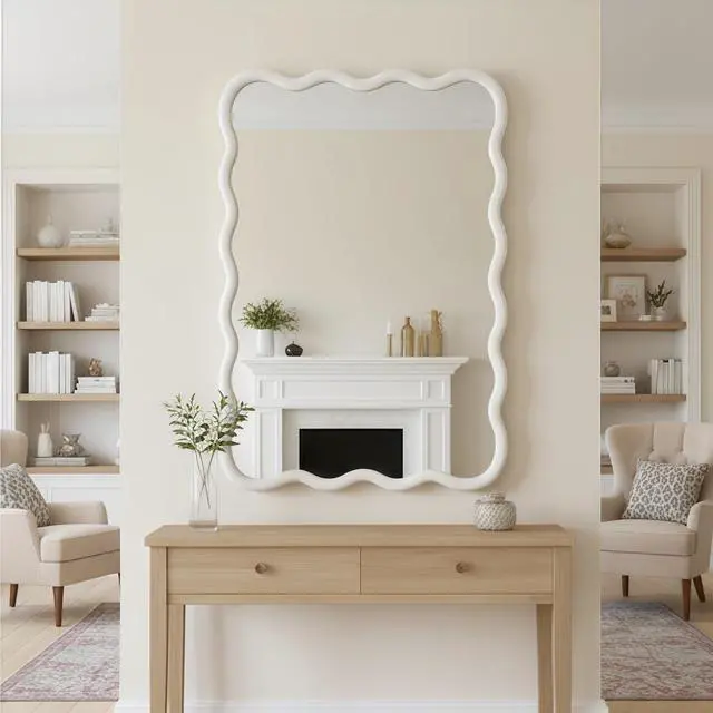 Alt view image 7 of 7 - White 30"x40" Wavy Rectangle Solid Wood Frame Decorative Mirror,For Bedroom, Bathroom, Living Room, Entryway