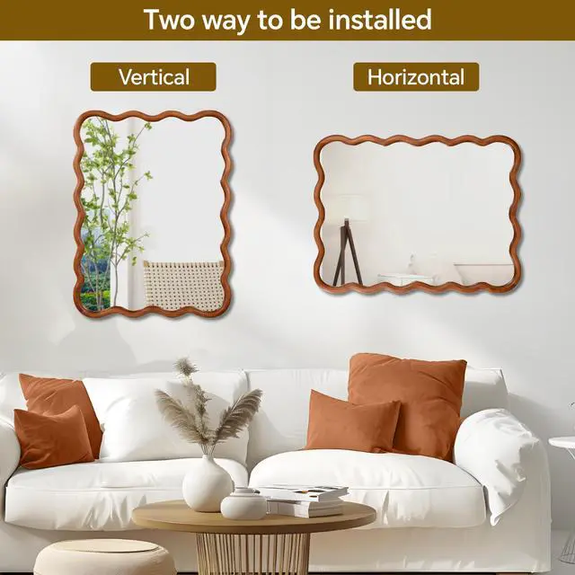 Alt view image 4 of 7 - Yellowish Brown 30"x40" Wavy Rectangle Solid Wood Frame Decorative Mirror,For Bedroom, Bathroom, Living Room, Entryway