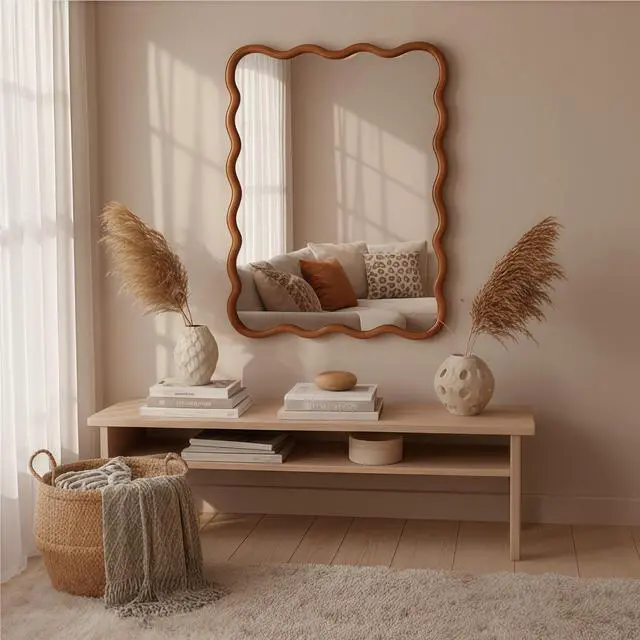 Alt view image 2 of 7 - Yellowish Brown 30"x40" Wavy Rectangle Solid Wood Frame Decorative Mirror,For Bedroom, Bathroom, Living Room, Entryway