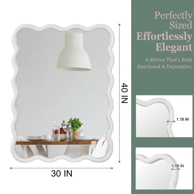 Alt view image 5 of 7 - White 30"x40" Wavy Rectangle Solid Wood Frame Decorative Mirror,For Bedroom, Bathroom, Living Room, Entryway