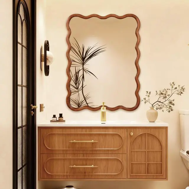 Main image of Yellowish Brown 30"x40" Wavy Rectangle Solid Wood Frame Decorative Mirror,For Bedroom, Bathroom, Living Room, Entryway