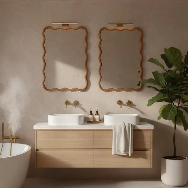 Alt view image 3 of 7 - Yellowish Brown 30"x40" Wavy Rectangle Solid Wood Frame Decorative Mirror,For Bedroom, Bathroom, Living Room, Entryway