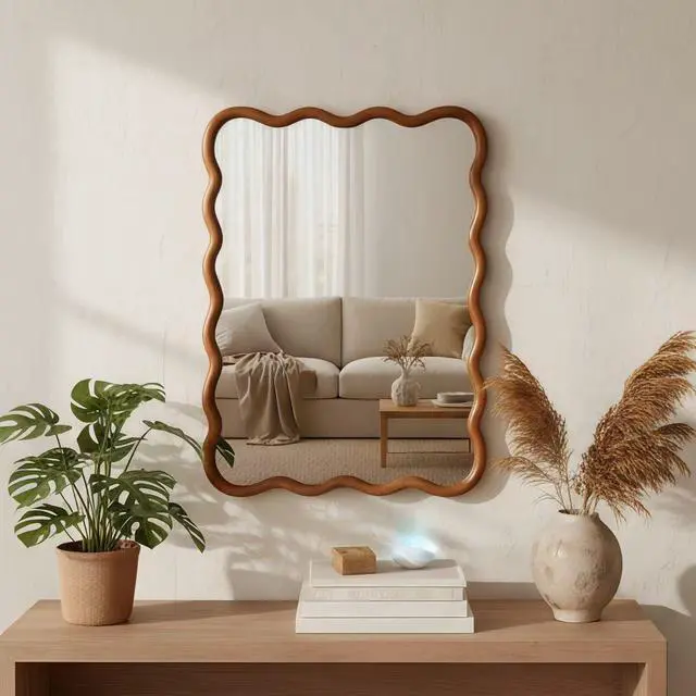 Alt view image 7 of 7 - Yellowish Brown 30"x40" Wavy Rectangle Solid Wood Frame Decorative Mirror,For Bedroom, Bathroom, Living Room, Entryway