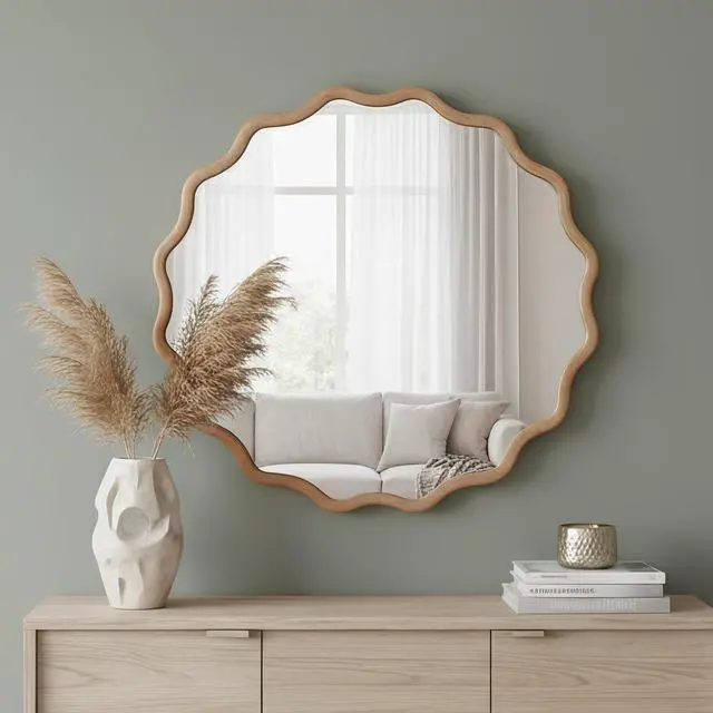 Alt view image 3 of 7 - Natural Wood Color 30 inch Wavy Round Solid Wood Frame Decorative Mirror,For Bedroom, Bathroom, Living Room, Entryway