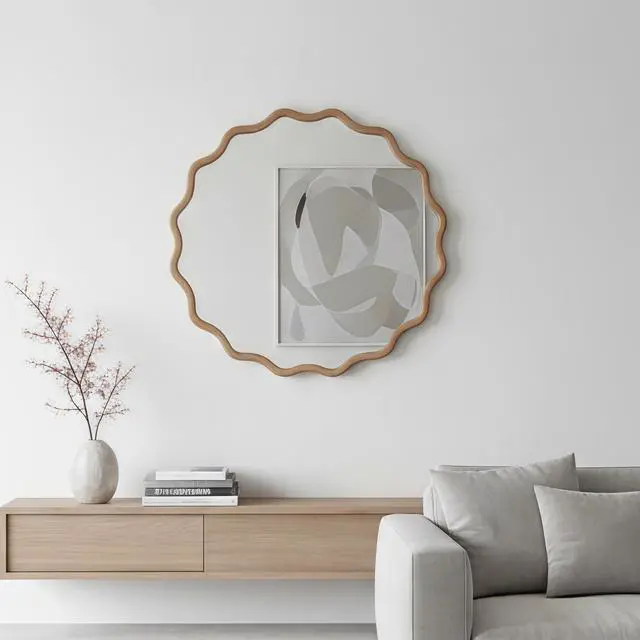 Alt view image 4 of 7 - Natural Wood Color 30 inch Wavy Round Solid Wood Frame Decorative Mirror,For Bedroom, Bathroom, Living Room, Entryway