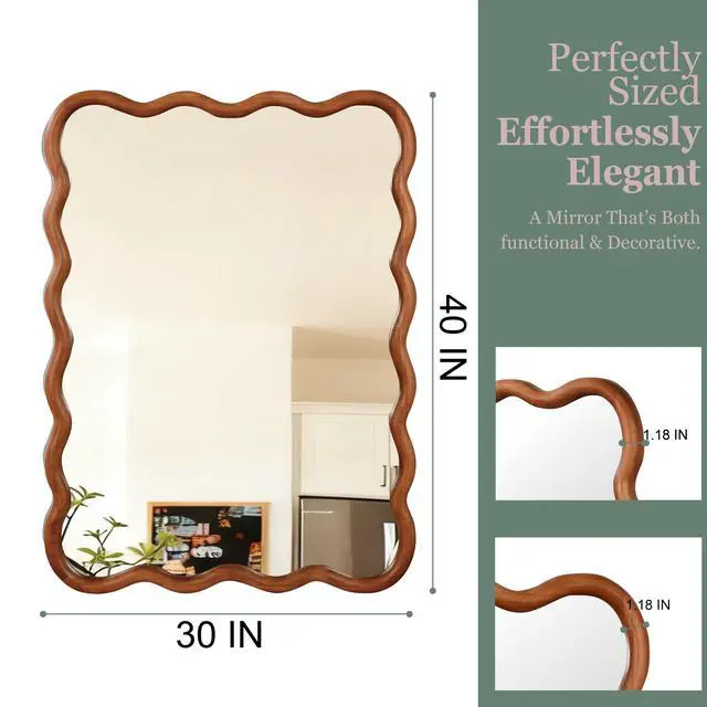 Alt view image 5 of 7 - Yellowish Brown 30"x40" Wavy Rectangle Solid Wood Frame Decorative Mirror,For Bedroom, Bathroom, Living Room, Entryway