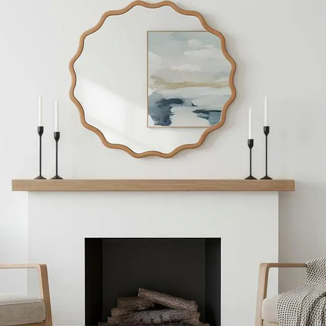 Alt view image 7 of 7 - Natural Wood Color 30 inch Wavy Round Solid Wood Frame Decorative Mirror,For Bedroom, Bathroom, Living Room, Entryway